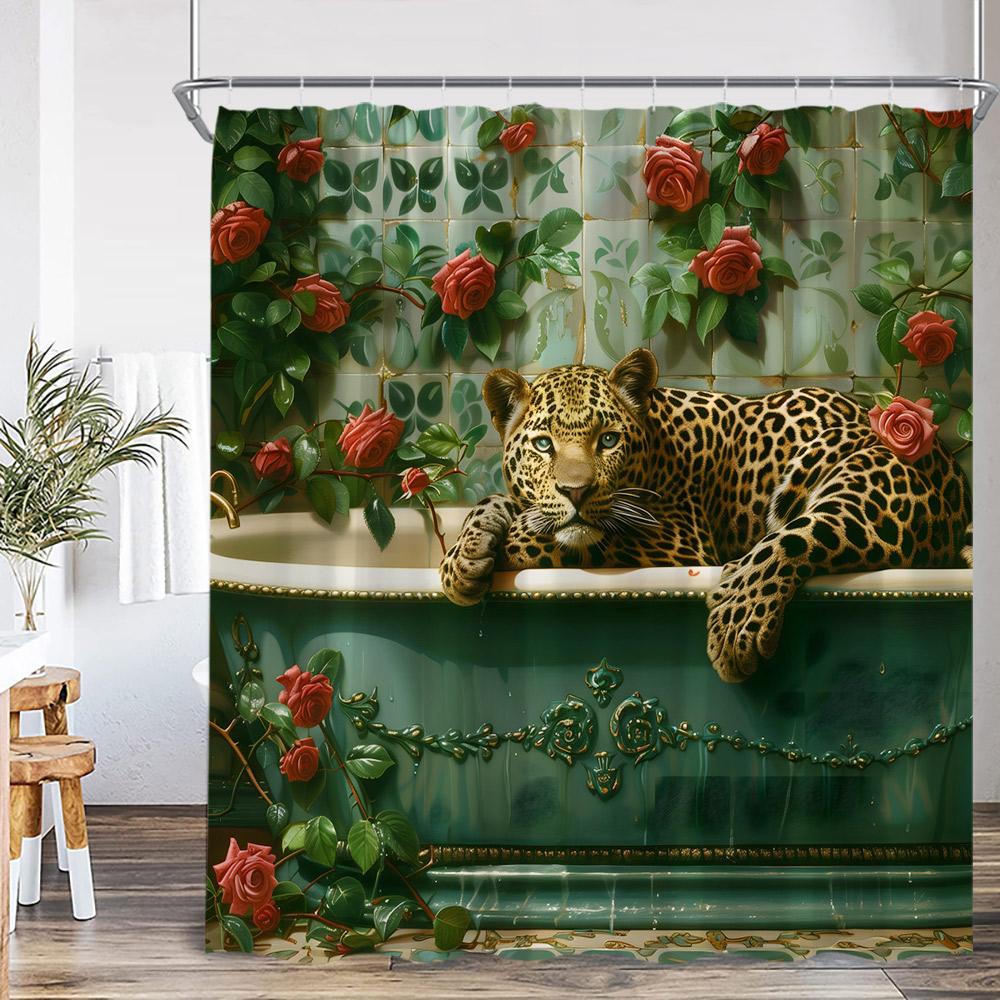 Bathing Leopard Shower Curtain Wild Animal Lion Panther in Bathtub Floral Bathroom Decor Modern Elegant Polyester Bath Curtain