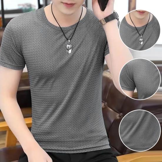 Men Top Breathable Round Neck Quick Dry Mesh Design Short Sleeve All-matched Solid Color Men Summer Top Outing Clothing