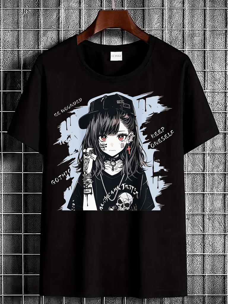 Men's Gothic Anime T-Shirt - Short Sleeve Round Neck Tee with Manga Graphic Print, Casual Casual Attire & Themed Events Shirt, Machine Washable Suitab
