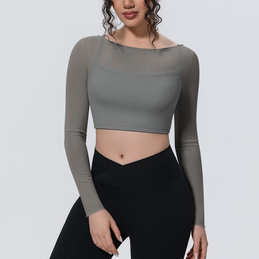 Solid Color Mesh Double-layer Breathable Fake Two-piece Long-sleeved Casual Sports Running Fitness Yoga Top