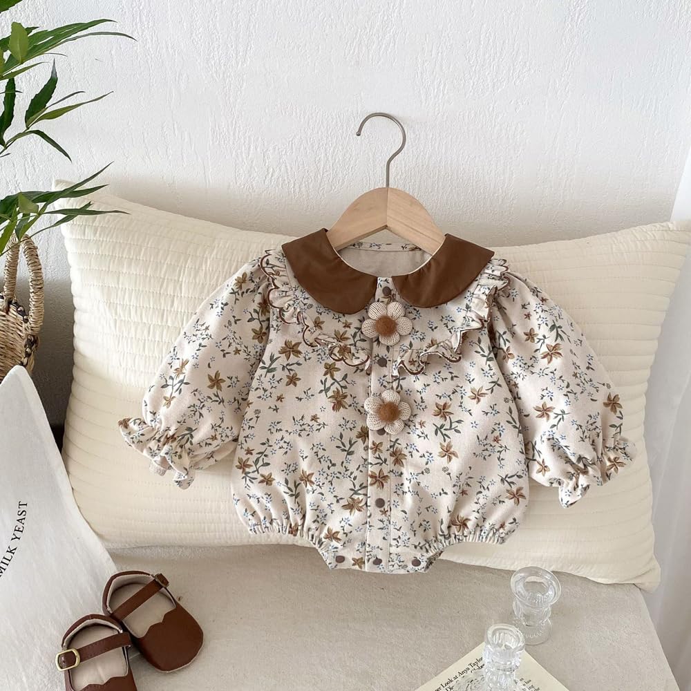 Baby Clothes Bodysuit Long Sleeve Girls Coverall Lace Newborn Baby Preparing for Birth Gift Monthly Photo Collar Floral Pattern Brown 6M [Baby koi]