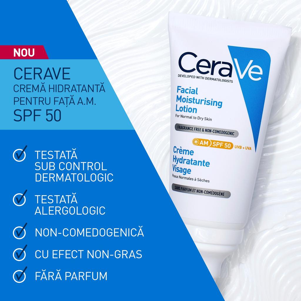 CeraVe Facial Moisturizing Lotion SPF 50 for Normal To Dry Skin, 52 Ml, with Ceramides & Hyaluronic Acid, Broad Spectrum Sunscreen, Oil-Free