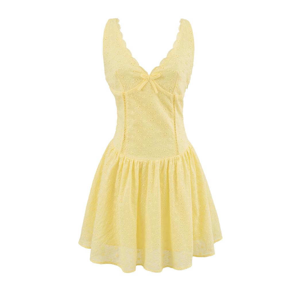 French romantic sexy deep V-neck bow embroidered lace waist thin A word short dress pure desire dress women's summer