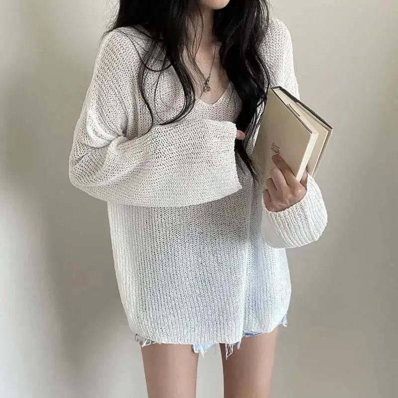 

Тонкий свитер из ледяного шелка в ленивом стиле с v-образным вырезом, трикотажная нижняя рубашка, женская блузка с длинным рукавом, солнцезащитная блузка, пуловеры Y2K S белый