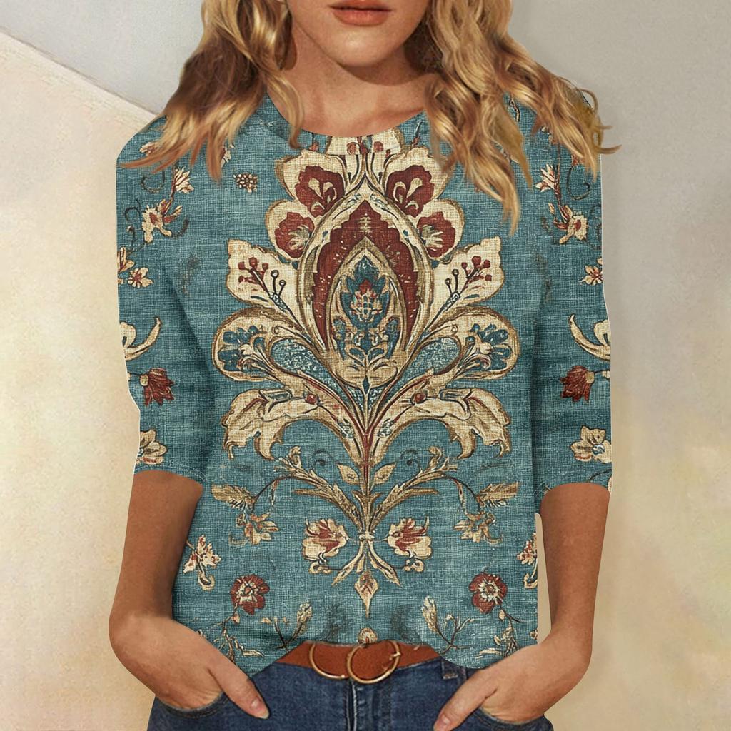 Women's Fashion Casual Seven Sleeve Vintage Printed Round Neck T-Shirt Top