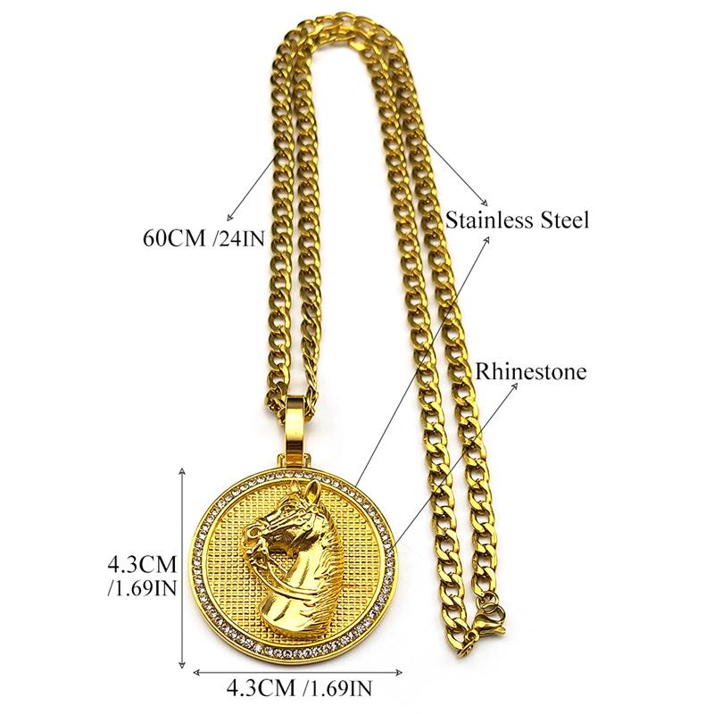 Rhinestone Horse Head Pendant Necklace for Men Hip Hop Stainless Steel Gold Color Animal Lucky Jewelry Gift for Boyfriend 7619-3