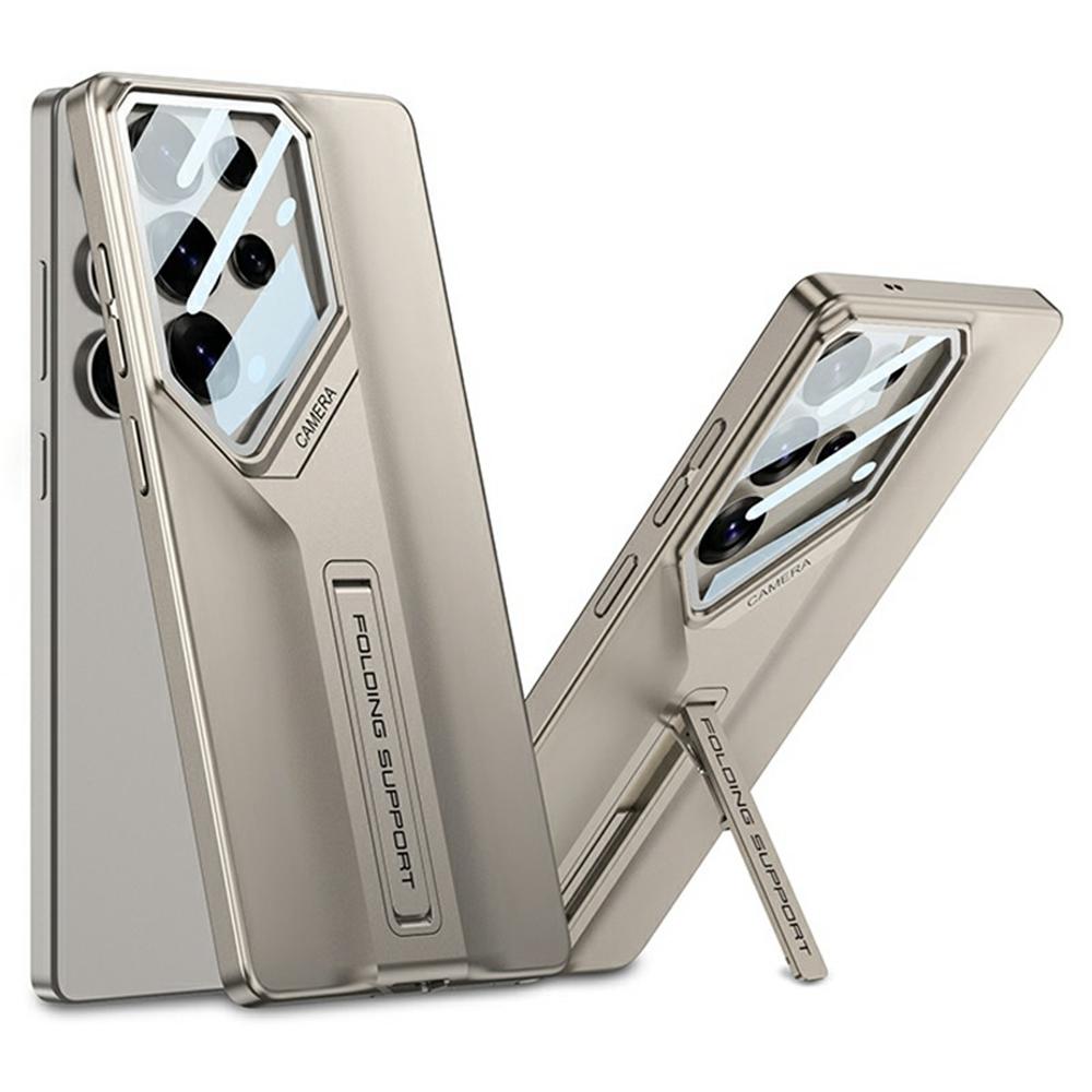 

For Samsung Galaxy S25 Ultra Case Kickstand Shockproof PC Phone Cover with Glass Lens Cover Titanium Gold