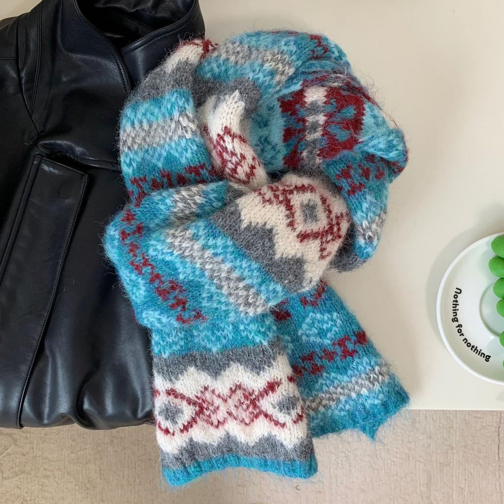 Fair Island Style Retro Blue Knitted Scarf Female Winter Korean Atmosphere Student Thickened Warm Scarf