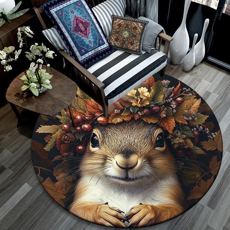 Herbst-Eichhörnchen Runder Teppich, Teppich für Wohnzimmer Schlafzimmer Sofa Spielzimmer Dekor, Rutschfeste Fußmatte