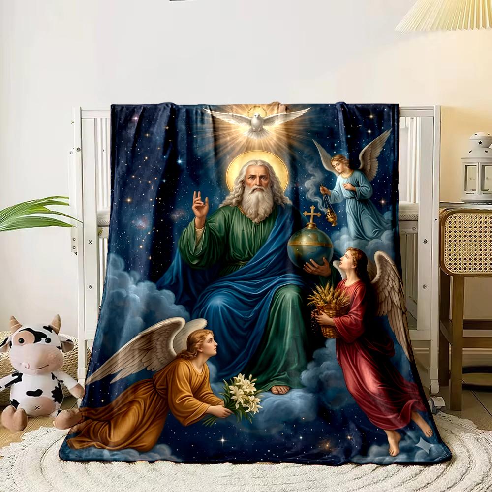God and Angels with Heavenly BackgroundFlannel blanket for bedroom, living room, sofa, and nap