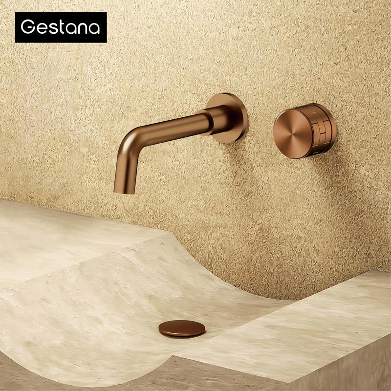 Minimalist brass brushed gold rose gold wall mounted basin faucet modern embedded 2-hole hot and cold water bathroom mixer