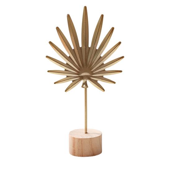 jijijing Metal Leaf Ornaments, Gold Palm Leaf, Ginkgo Feather Statue with Wood Base, Modern Desktop Sculpture for Living Room, Bookshelf, Office Desk