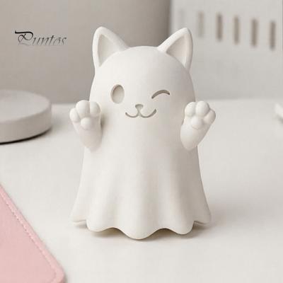 Cute Ghost Cat Statues 3D Printed Figurine, Wink Smile Surprise Spooky Halloween Decor, Blank DIY Ornaments White Paintable Statue, Stable Base