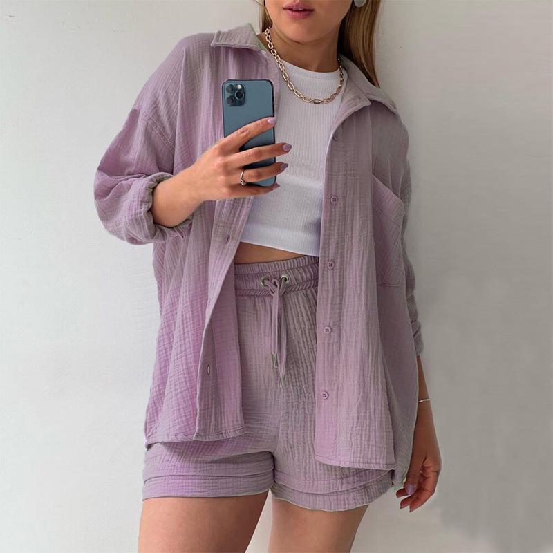 2024 Autumn Women's Two-Piece Set: Wrinkled Long Sleeve Shirt & High Waist Drawstring Shorts