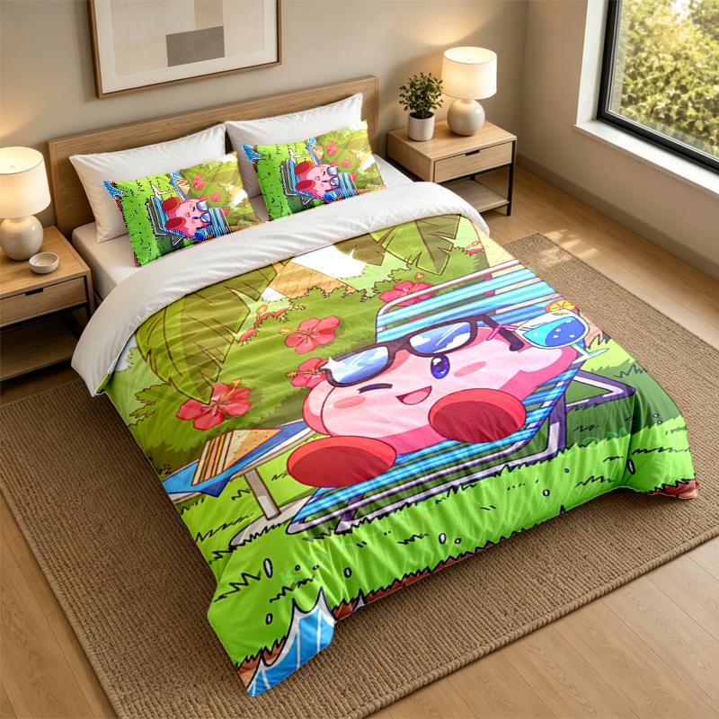 Soft Bedding Set Kirby Pattern, 1 Duvet Cover Plus 2 Pillowcases Stylish Bedroom Home Textile