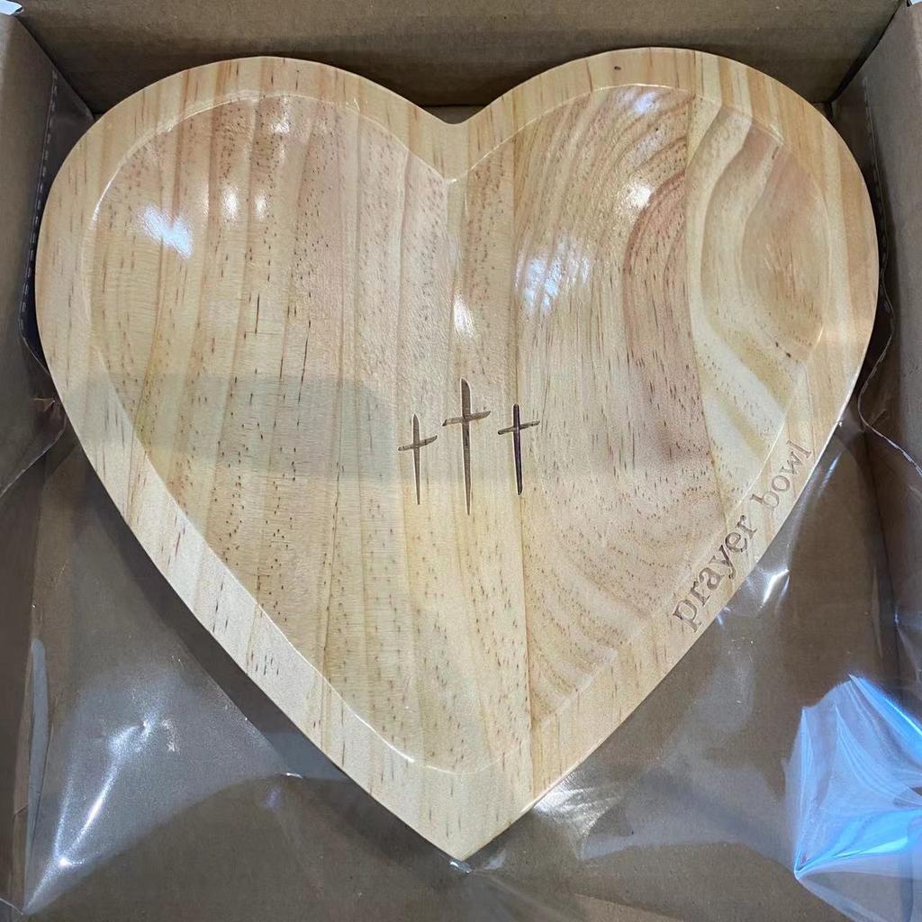 New Heart Prayer Bowl Wooden Religious Crucifix Bowl Rustic Home Centrepiece Decor Fruit Plate Kitchen Tableware Religious Gift