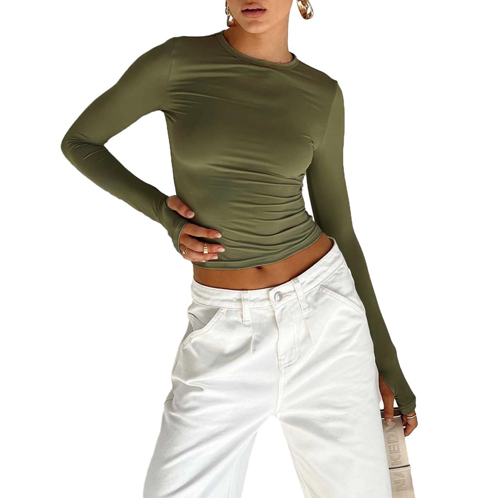 Women's Slim Fit Crop Tops Long Sleeve Crew Neck Solid Color T-Shirts Blouses with Thumb Holes