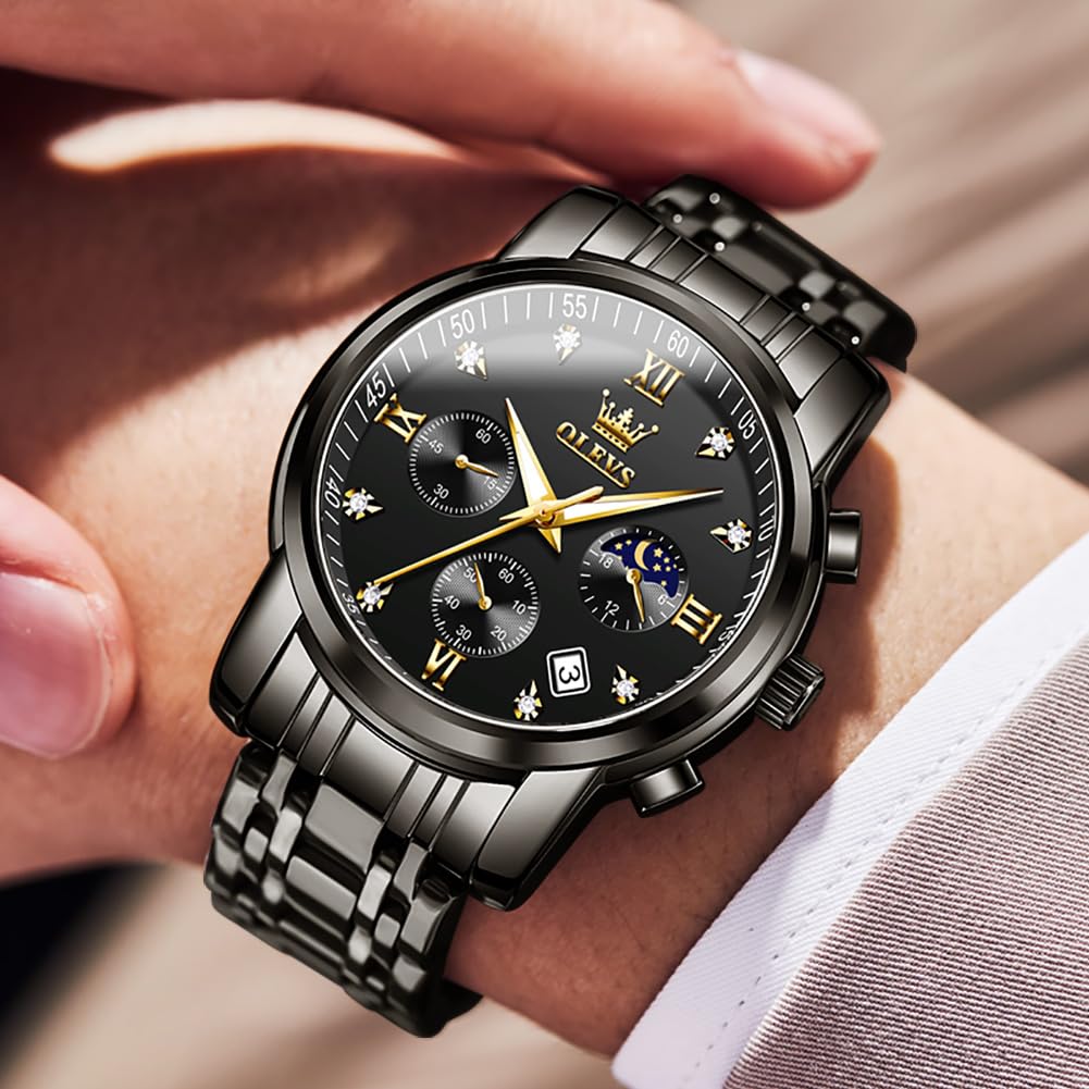 OLEVS Watch with Moon Date Quartz Stainless Simple and Luminous Black Men's Phase, Timer, Display, Movement, Waterproof, Steel, Fashionable, Design,