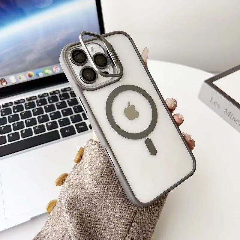 Luxury Transparent Phone Case For 16 15 14 13 12 11 Pro Max 17 Air For Magsafe Magnetic Lens Metal Stand Holder Cover