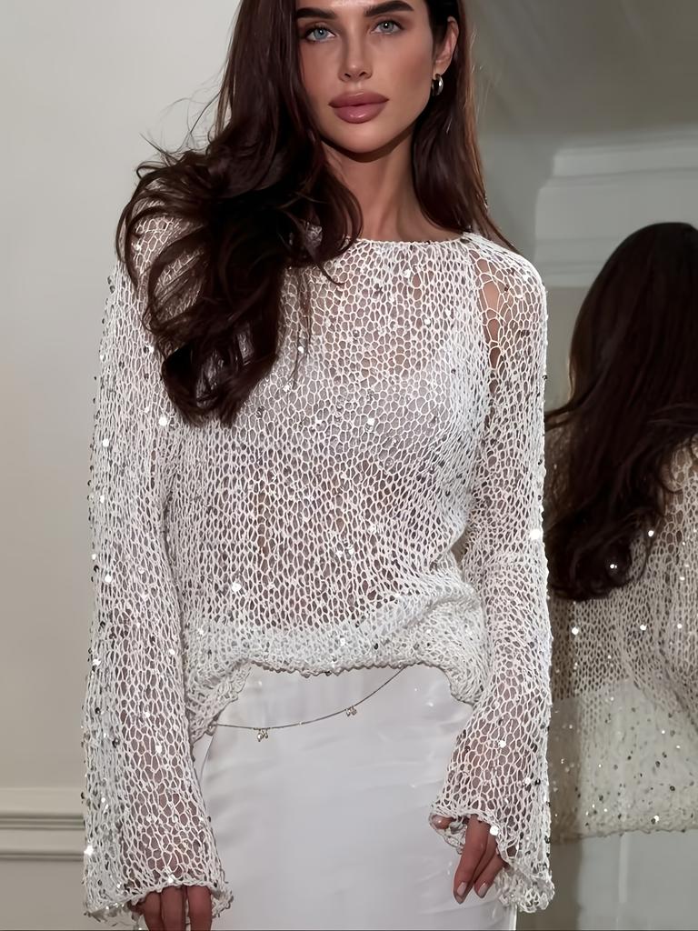 Solid Color Sequin Hollow Semi-Sheer Women's Long Sleeve Cover-Up