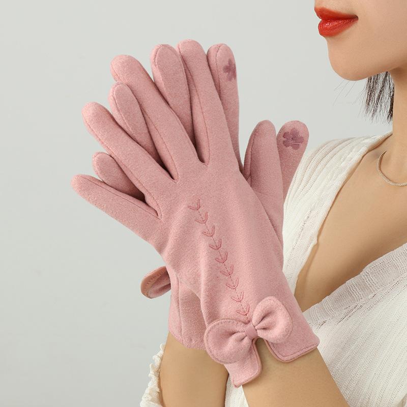 Women Winter Keep Warm Touch Screen Thin Section Bow Elegant Gloves Plus Velvet Inside Windproof Outdoor Cycling Female Gloves