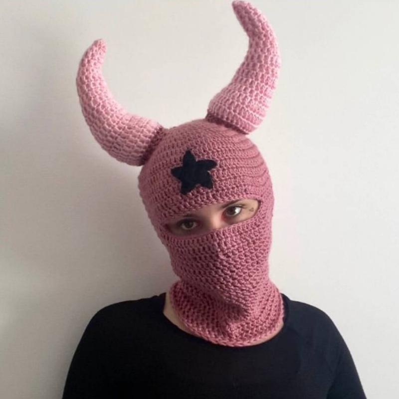 Y2K Style Crochet Halloween Party Cow Horn Parent-Child Ski Mask Hat