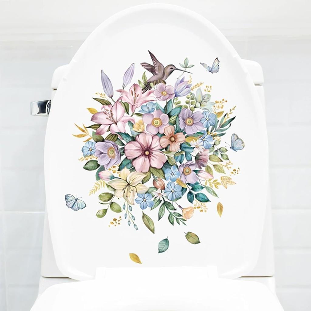 Birds Flowers Butterfly Toilet Seat Lid Stickers Self-Adhesive Bathroom Wall Sticker Floral, Birds, Butterfly Toilet Seat Decals DIY Removable