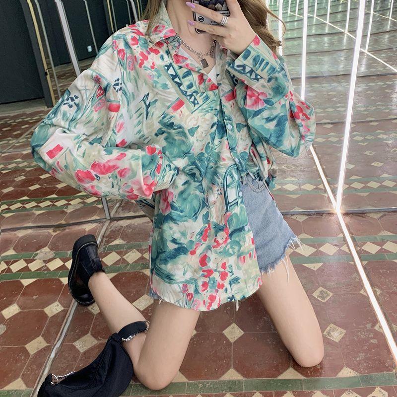 Long-sleeved Shirt for Women with A Sense of Design Thin Style Versatile for Wearing Outside Retro Hong Kong-style Floral Top with A Shirt Design