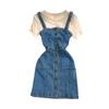 Denim Brace Dress Women's Slim Looking Fashion Stretch Jumpsuit Suspender Short Skirt Two-piece Set Loose round Neck T-shirt Summer