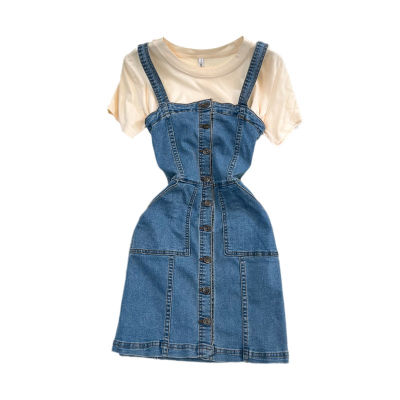 Denim Brace Dress Women's Slim Looking Fashion Stretch Jumpsuit Suspender Short Skirt Two-piece Set Loose round Neck T-shirt Summer
