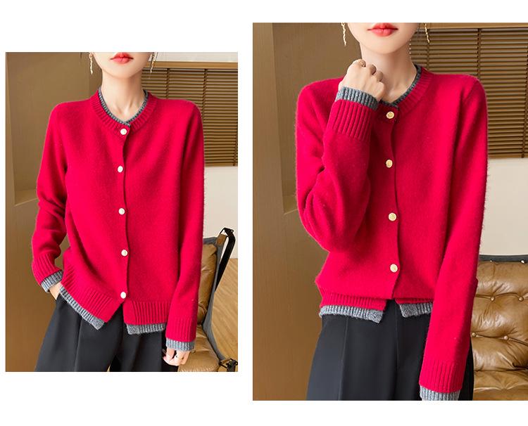 Autumn/Winter Women's Loose Fit 100% Wool Korean Style Color Block Cardigan Sweater