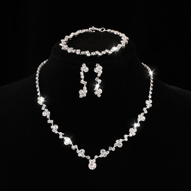 Bridal Accessories Three-piece Set Wedding Fashion Full Diamond Zircon Water Drop Necklace Earrings Wedding Accessories