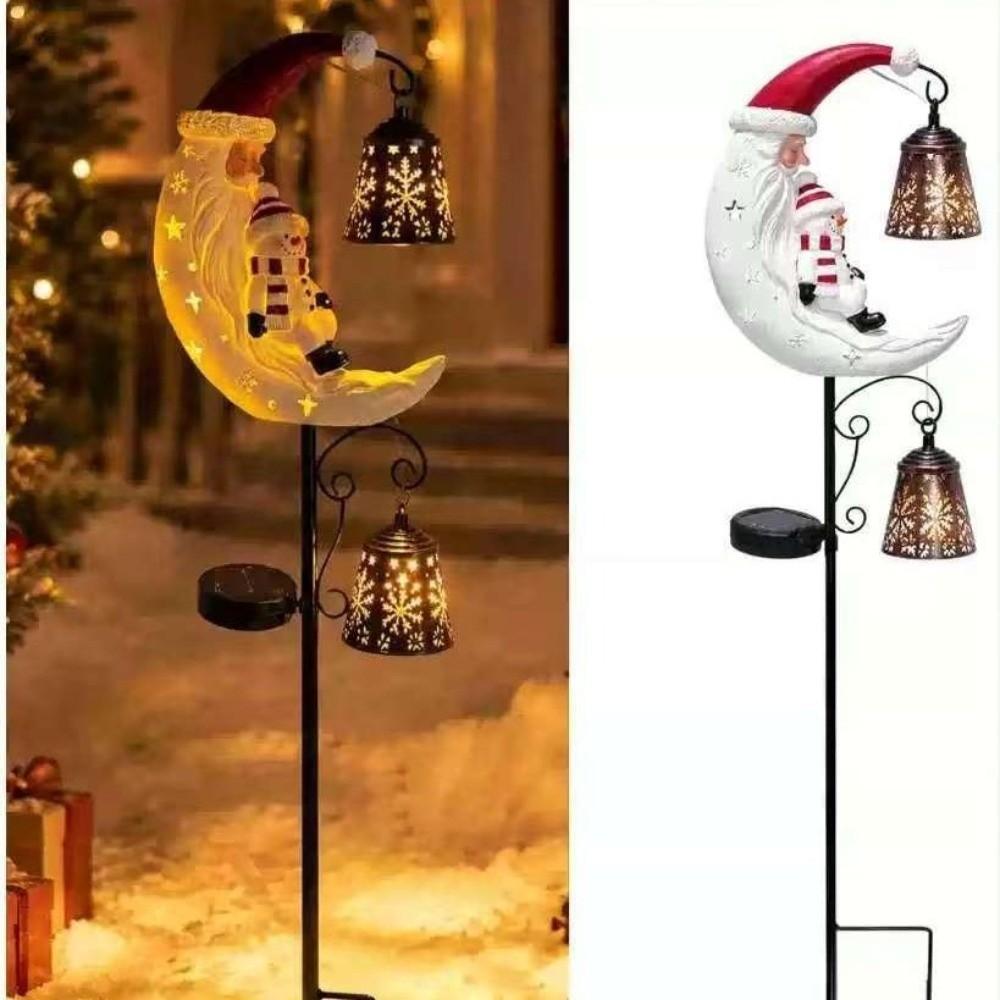 LED Glowing Christmas Moon Solar Stake Light Waterproof with Bell Xmas Garden Stake Lamp Solar Powered Hollow Lantern