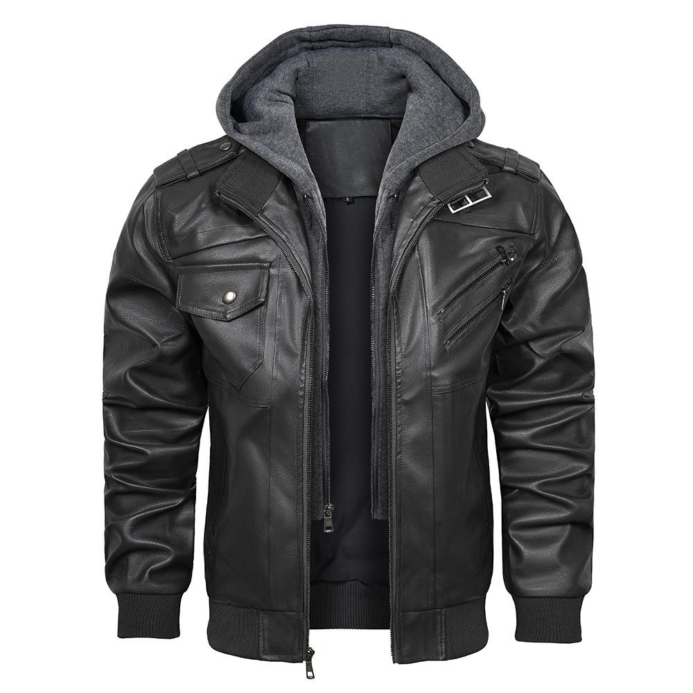 New men's clothing men's detachable hooded leather jacket zipper PU jacket European and American large size fashion jacket