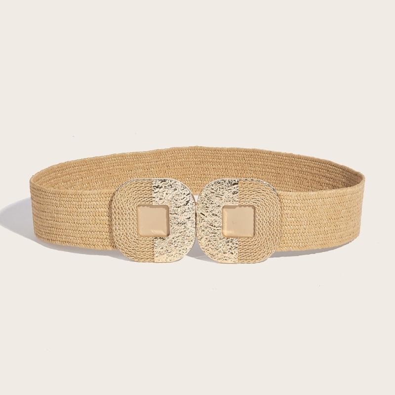 Handmade Weaving Straw Belt for Women Lady Dress Waist Belt with Gold Buckle Decors Female Bohemian Style Straw Belt