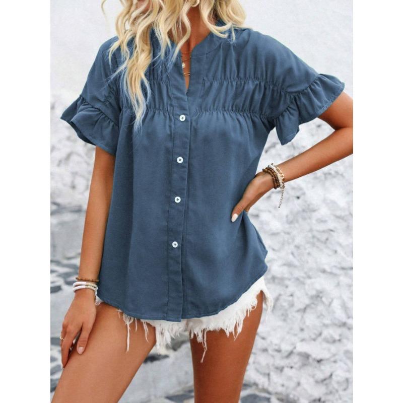 YYFS Women's Fashion Casual Summer Spring Solid Color Print Short Sleeve V-Neck Blouses & Shirts