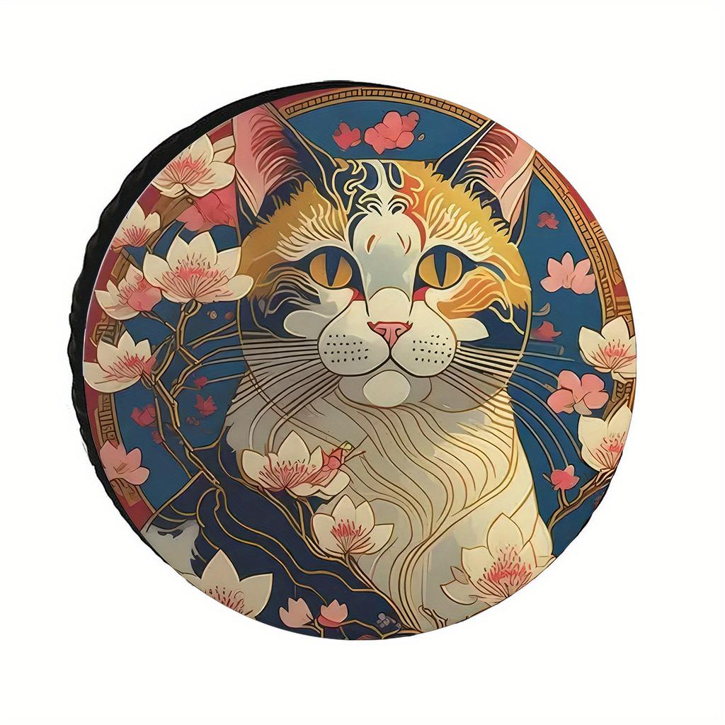 Japanese Style Cat Cherry Blossom Spare Tire Cover Polyester Fiber Protector for SUV RV