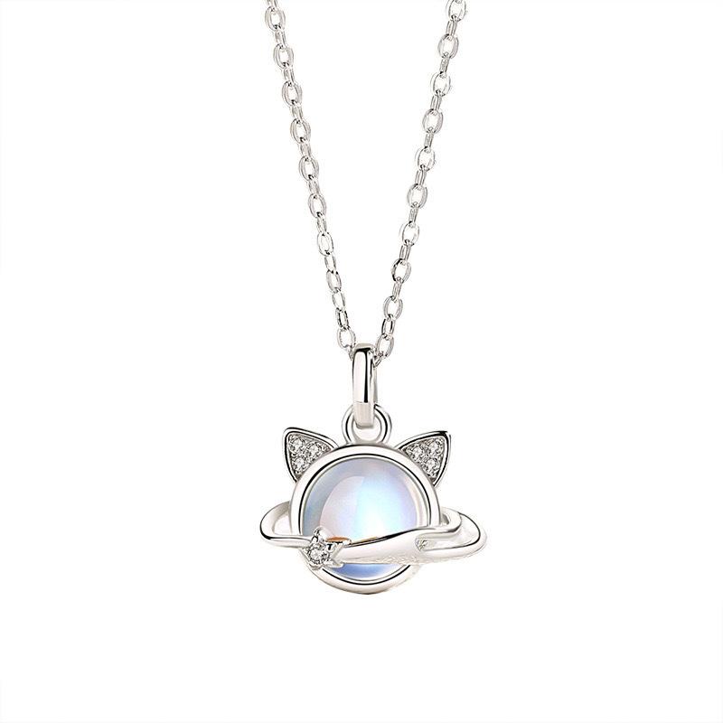 Korean Version of Moonlight Stone Cat Necklace for Women with Niche Light Luxury Style Collarbone Chain Simple Enveloping Planet Kitten Pendant