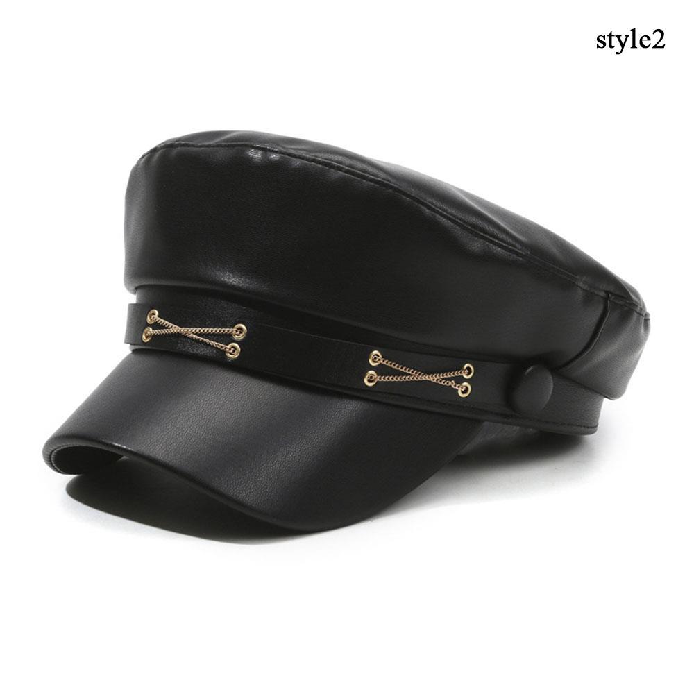 NEW Fashion Women Black Leather Hat Biker NewsBoy Hip Pop Cap Women Unisex Beret Captain Sailor Visor Hat Newsboy Cap Fashion