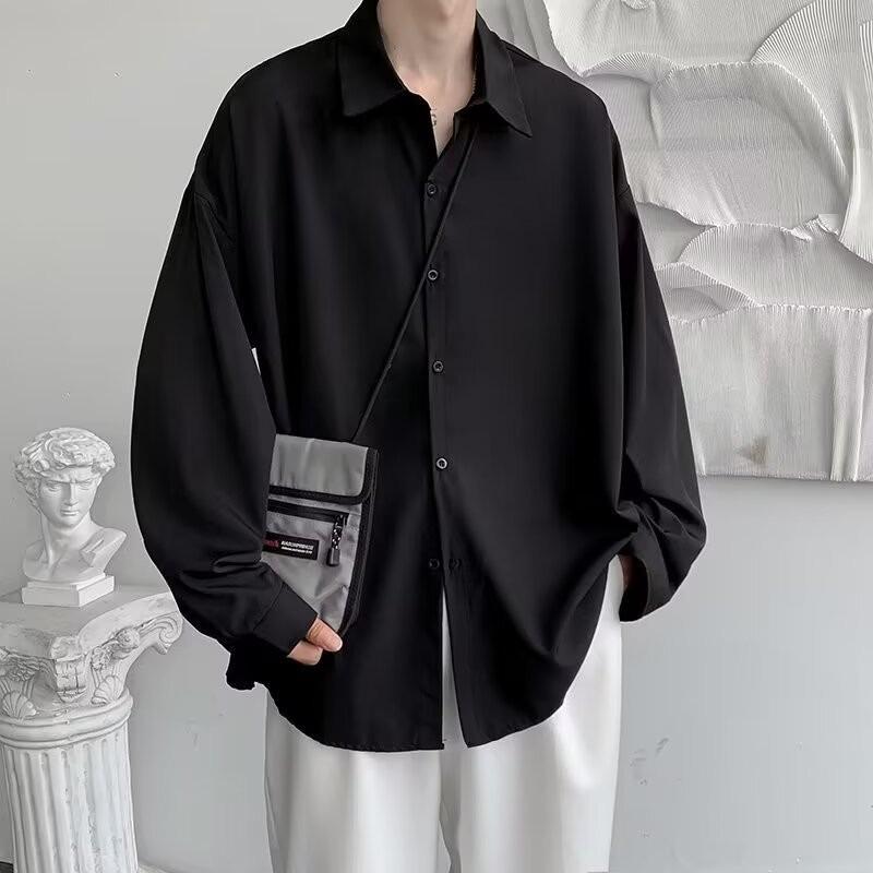 Мужская белая рубашка с длинным рукавом: Стиль колледжа, свободный крой, корейский тренд Black with Tie
