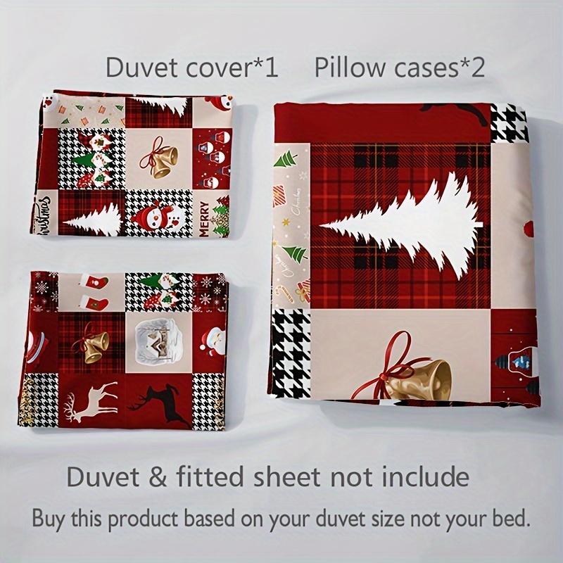 3pcs Christmas Reindeer & Plaid Duvet Cover Set - Includes 1 Duvet Cover and 2 Pillowcases, Breathable Polyester Christmas Gift