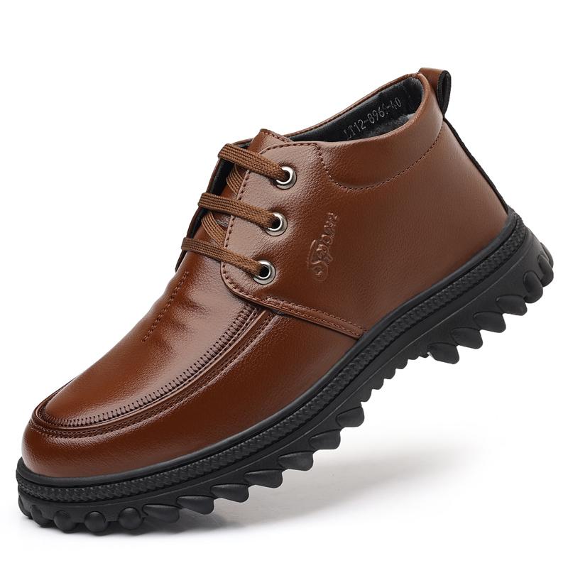 Зимняя мужская кожаная обувь плюшевая противоскользящая деловая повседневная хлопковая обувь водонепроницаемая теплая ботильоны зимняя обувь на шнуровке мужская рабочая обувь 38