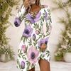 Women Floral Printed Criss Cross V Neck Long Sleeve Curved Hem Dress