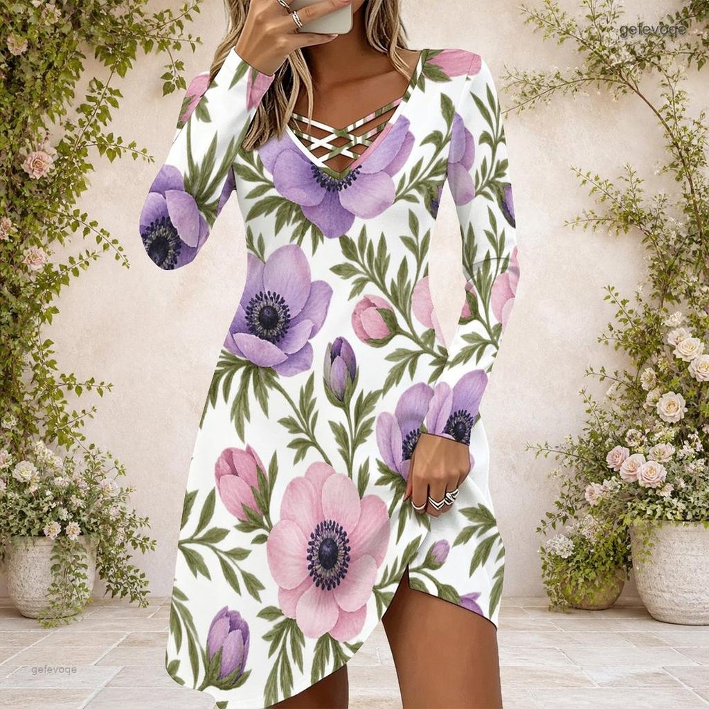 Women Floral Printed Criss Cross V Neck Long Sleeve Curved Hem Dress