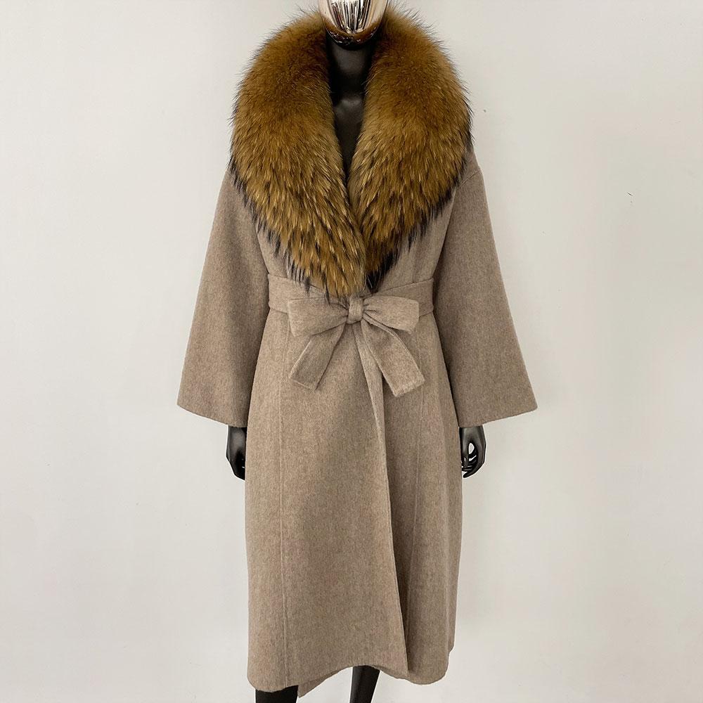 OFTBUY Kabát z pravé kožešiny 2024 Nadměrný dámský svrchní oděv Zimní dámská bunda s límcem z přírodní liščí kožešiny Kapuce Kašmírová vlněná směs Kabát