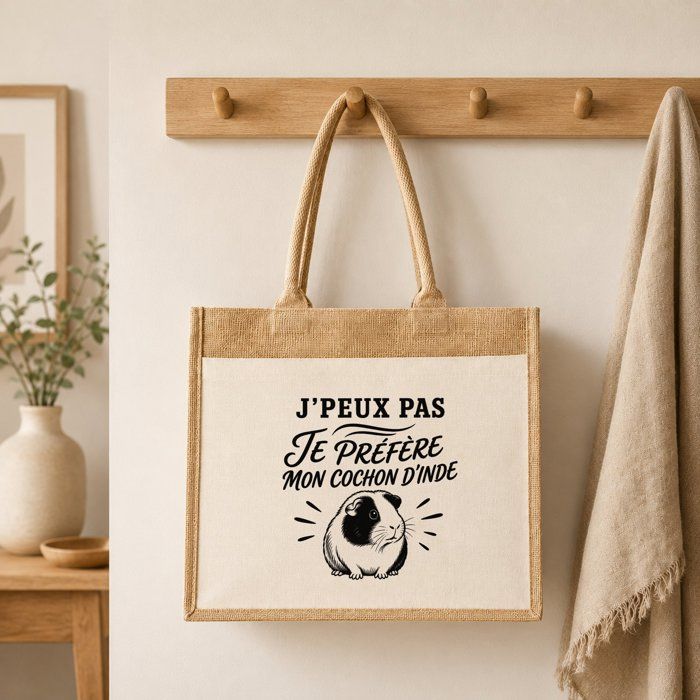Sac Cabas - PLANETEE - J'peux pas minimaliste - Toile de jute et coton - 21 L - Illustration Cochon d'Inde