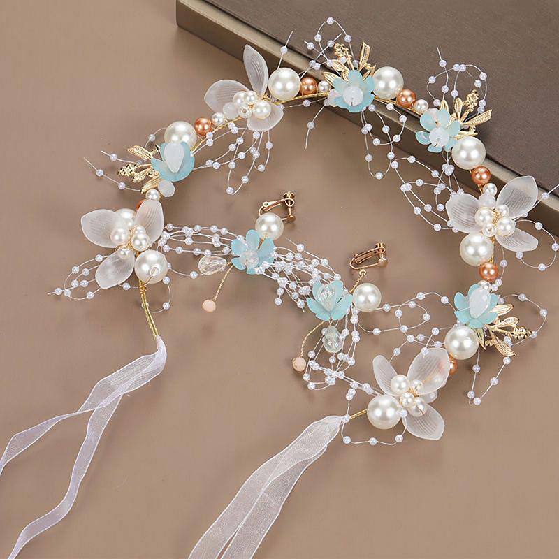 Bridal Pearl Hair Headdress Flower Wreath Bride Garland Head Hoop Headbands Hair Jewelry