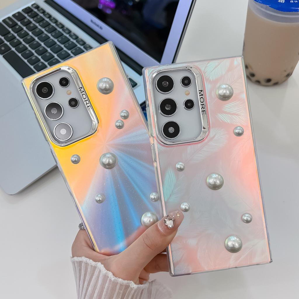 Advanced Three Dimensional Pearls Suitable for Samsung S25ultra Mobile Phone Case S24plus Electroplated Laser A56 Hard Set