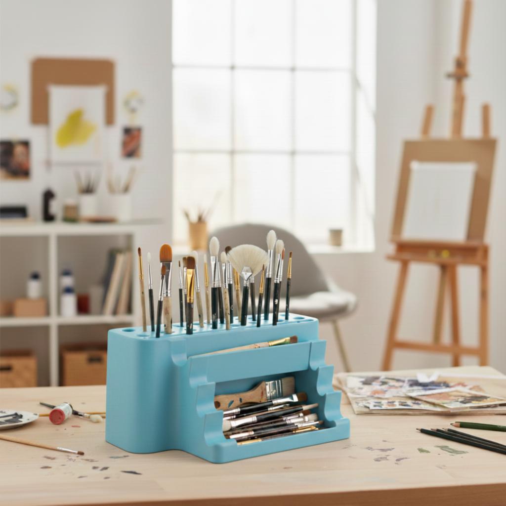 Paint brush organizer, blue stand with tray, 26 places
