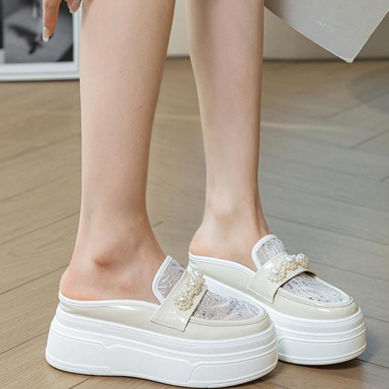 Móda 8,5cm Vzdušná síťovina Syntetická lakovaná kůže Platforma Klínek Pantofle Dámská módní sandál Robustní tenisky ŘÍMSKÉ Lodičky Letní obuv